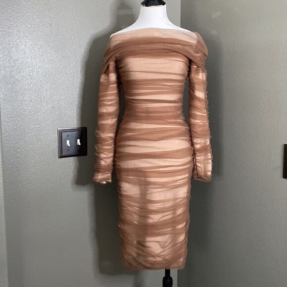 SEPIA BOUTIQUE Maisie Dress Brown Tulle Off Shoulder Bodycon - Picture 3 of 15